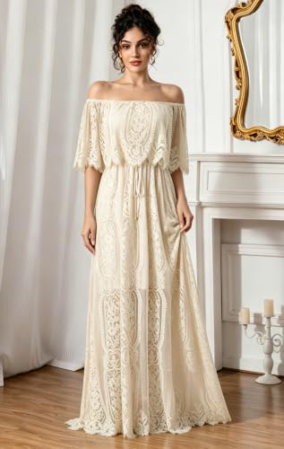Image of HOYISHION Women's Off The Shoulder Floral Lace Maxi Dress White Bridesmaid Wedding Party Maternity Photoshoot Long Dresses