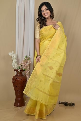 Image of eC ESHA'S COLLECTION Women's Kerala Cotton Floral Motif Printed Zari Bordered Tant Saree Without Blouse Piece