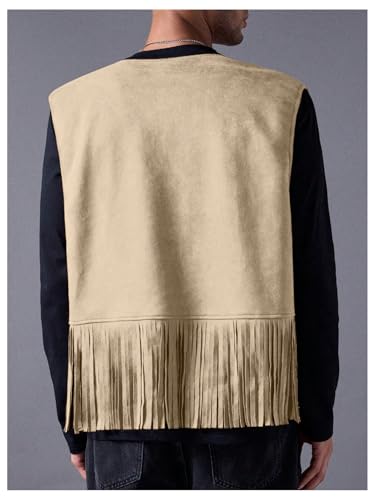 Image of OYOANGLE Men's Casual Suede Top Shirt Boho Fringe Trim Open Front Sleeveless Vest Jacket Waistcoat