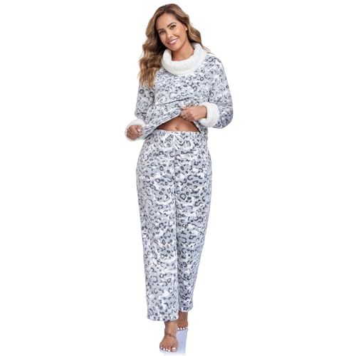 RONGTAI Womens Winter Fleece Pajama Set High-Neck Leopard Print Loungewear Soft White Thermal Sleepwear with Pockets Leopard Gray XXL