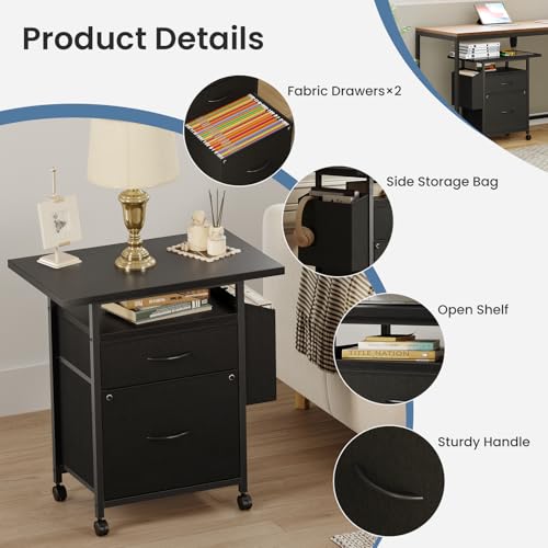 Image of Simple Deluxe 2 Drawer File Cabinet with 24 inch Extended Desktop, Mobile Filing Cabinet, Rolling File Cabinet with Side Bag, Fabric Drawer, Fits A4 /Letter Size, Printer Stand Home Office, Black