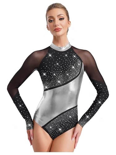 Alvivi Maillot Gimnasia Rítmica de Manga Larga con Pedrería Brillante Metálico para Mujer Leotardos de Danza Ballet Maillot de Competición Rendimiento Negro y plata M
