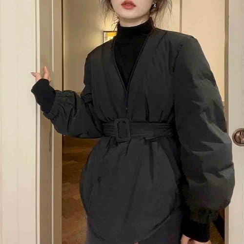 Women's Winter Long Sleeve Waist Cinched Jacket V-Neck Baggy Short Coats with Pockets2