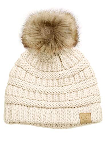 C.C Children's Kids' Soft Stretch Cable Knit Faux Fur Pom Beanie Hat2