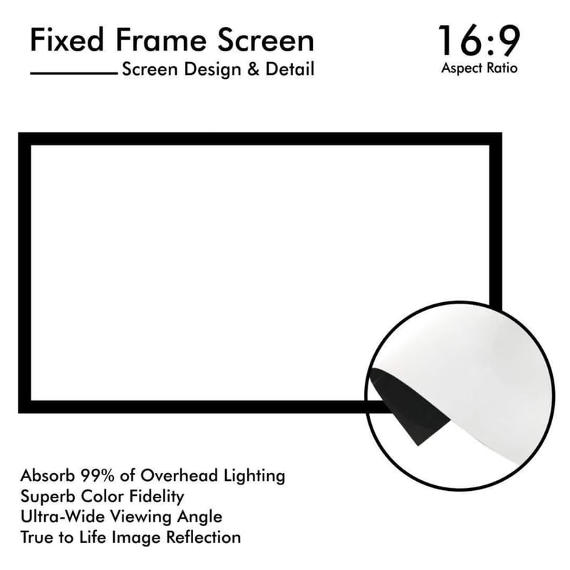 Image of BIG VUE 135 inch Fixed Frame Projector Screen HD Cinema White Fabric, 16:9 Aspect Ratio, 4K UHD & Active 3D Ready, 160 Wide Viewing Angle Projection for Home Theatre, Office, Boardroom & Gaming
