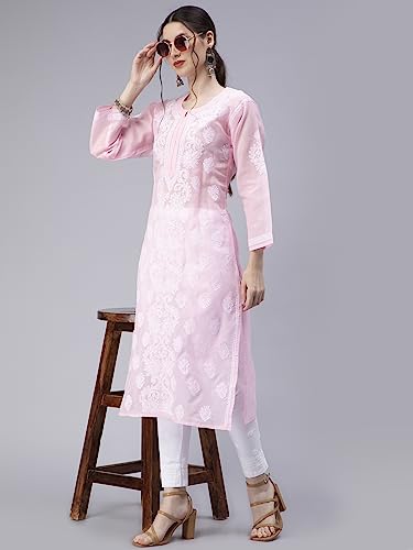 Image of Seva Chikan Hand Embroidered Lucknowi Chikankari Appricot Cotton Kurta Kurti for Women SCL4321