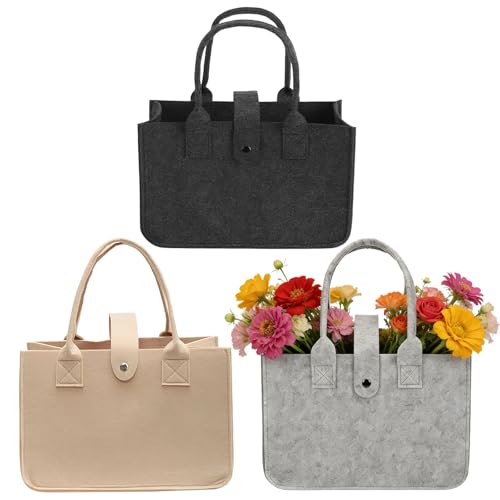 SMYJDMM 3 bolsas de fieltro para la compra, 30 x 18 x 20 cm, bolsa de fieltro para compras, viajes, trabajo, picnic (negro, gris, caqui)