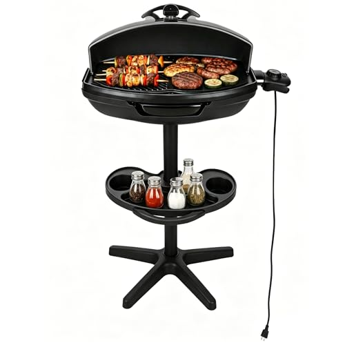 I-Keukenn Indoor & Outdoor Electric Grill, Portable BBQ with Non-Stick Baking Pan, 1500W Power & Intelligent Temperature Control, Removable Stand for Balcony Backyard Camping Party, Gray