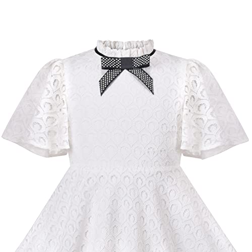 Sunny Fashion Girls Dress Vintage White Lace Stand Collar Ribbon Bow Tie3