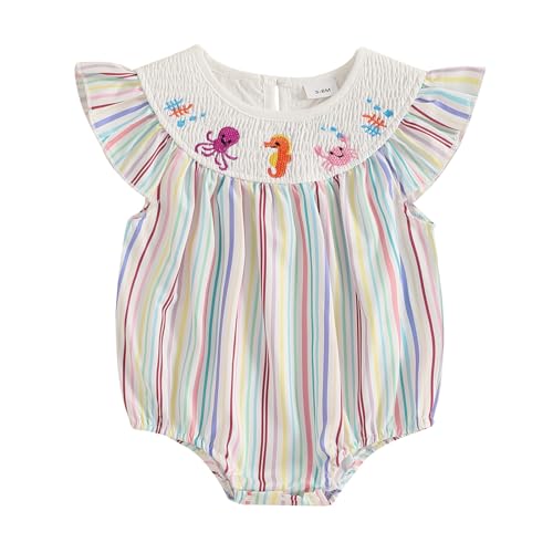 Baby Girl Ocean Animal Outfit Crab Seahorse Octopus Embroidery Sleeveless Smocked Bubble Romper Infant Beach Clothes
