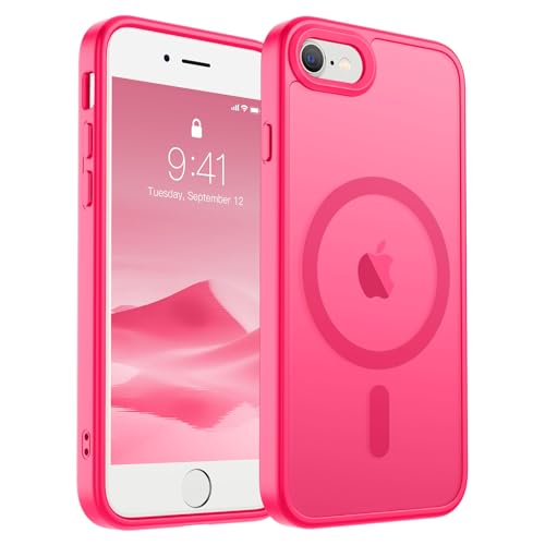 Image of SUPFINE Magnetic for iPhone SE Case 2022 (3rd) /2020 (2nd), iPhone 8 Case (Compatible with MagSafe) (Military Grade Drop Protection) Translucent Matte Phone Case, Hot Pink