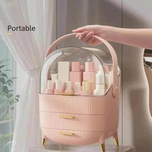 Image of JIALTO Storage Box, Organiser for Makeup & Skincare, Large Makeup Organizer with Dustproof Cover & Drawers, Cosmetic Storage for Dressing Table, Bathroom Vanity Organizer for Lipsticks Perfumes (Pink)