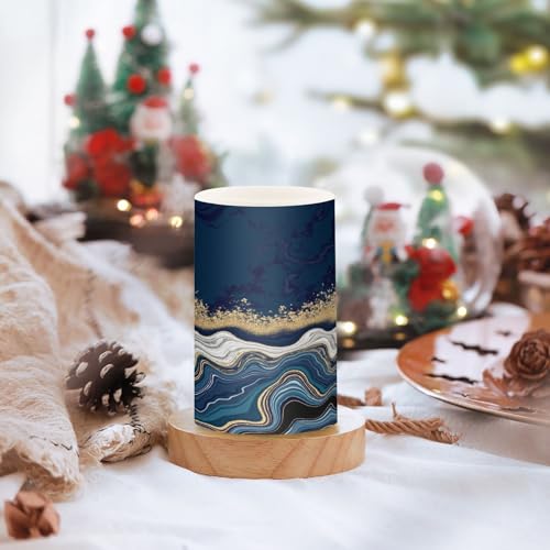 Image of Flickering Flameless Candles, Navy Blue Marble Golden Veins LED Candles with Remote Timer, Set of 2 Battery Operated Candle for Valentine Wedding Birthday
