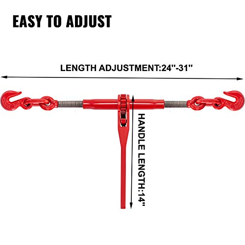 VEVOR Chain Binder 5/16-3/8, Ratchet Load Binder 6600lbs Capacity, Ratchet Lever Binder w/ G70 Hooks, Adjustable Length, Ratchet Chain Binder for Tie Down, Hauling, Towing, Red by VEVOR - Image 5