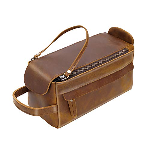 Polare Vintage Kulturbeutel aus Vollnarbenleder, handgefertigt, für Herren - Dopp Kit - Rasierset, B-braun, Medium Cover