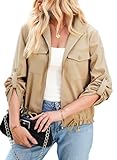 EVALESSWomens Zip Up Light Jacket Apricot Roll Tie Long Sleeve Mock Neck Bomber Jacket Fashion Anorak Coat with Pockets Large