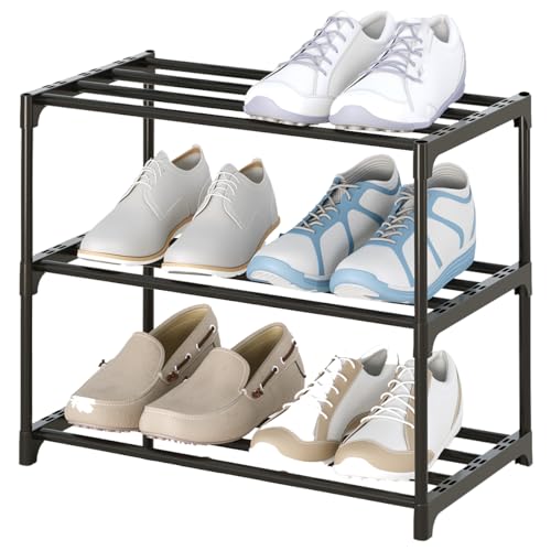SOKOSEN 3-Tier Small Shoe Rack, Metal Stackable Kids Shoe Shelf Storage Zapateras Organizer,Narrow Shoe Rack Sturdy for Closet Hallway Entryway Living Room Bedroom (Black)