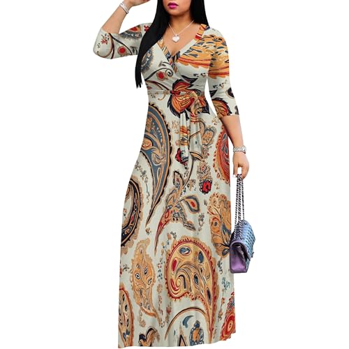 Image of PinkPatty Women's Print Maxi Dresses 3 /4 Sleeve Flowy Long Dress V Neck Wrap Tie Waist Sundress