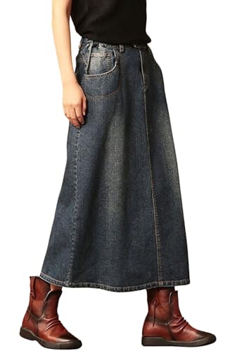 chouyatou Women's Y2k Casual Elastic High Waist Split Jean Skirt Distressed A Line Long Midi Denim Skirt