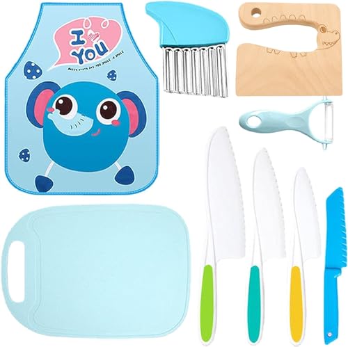 Owyee 9Pcs Kids Plastic Kitchen Knife Set, Wooden Safety Knives for Children, Children's Cooking Knives
