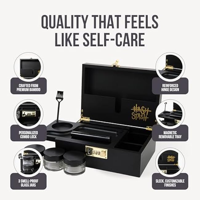 The OG Storage Box - Large Bamboo Box with Combination Lock, Magnetic Lid, Organizer Tray, Airtight Tube and 3 Jars - Discreet Decorative Locking Wooden Box with Accessories (Black/Gold)