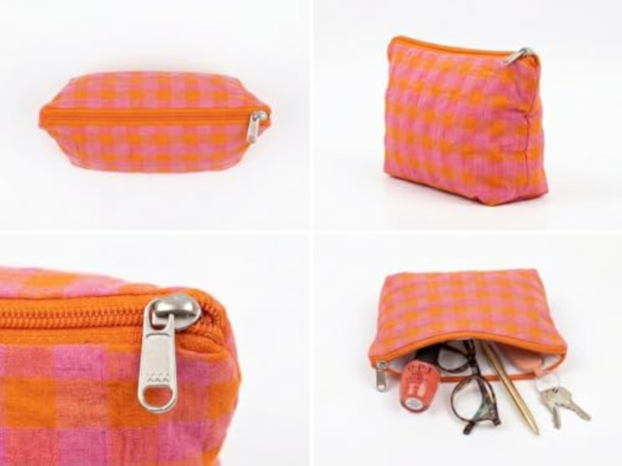 Pink and Orange Checkered Multipurpose Cotton Pouch for Travel