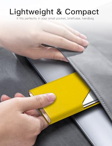 Image of Padike Business Card Holder, Upgraded Leather Business Card Case Pocket Card Holders for Men or Women, Metal Slim Name Card Holder RFID Blocking Business Card Carrier with Magnetic Closure (Y-YE)