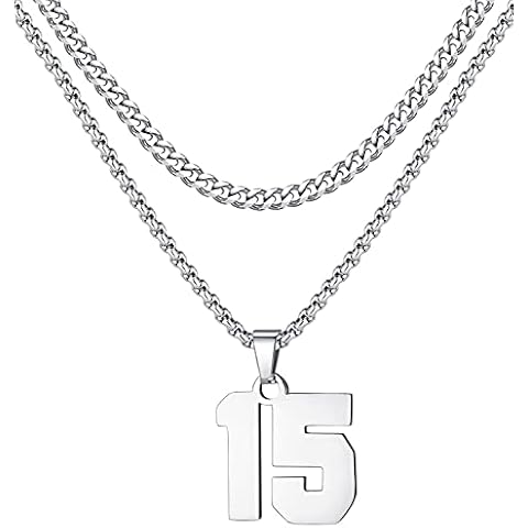 XOYOYZU Personalized Jersey Number Layered Necklaces for Men Stainless Steel Athletes Sports Number Chain for Men Baseball Basketball Football Gifts Silver 15 Cover