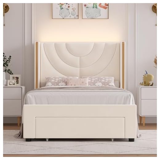 HITHOS Twin Upholstered LED Bed Frame with Storage Drawer, Velvet Kids Bed with Wingback Headboard, Princess Twin Platform Bed for Girls/Kids, Solid Wood Slats Support, No Box Spring Needed, Beige