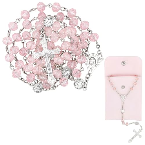 TESGADGETS Rosa Rosaire pour Femmes – Chapelet Catholique avec Croix, Collier Rosaire en Cristal Rose avec Pochette en Velours, Cadeau Religieux pour Femmes