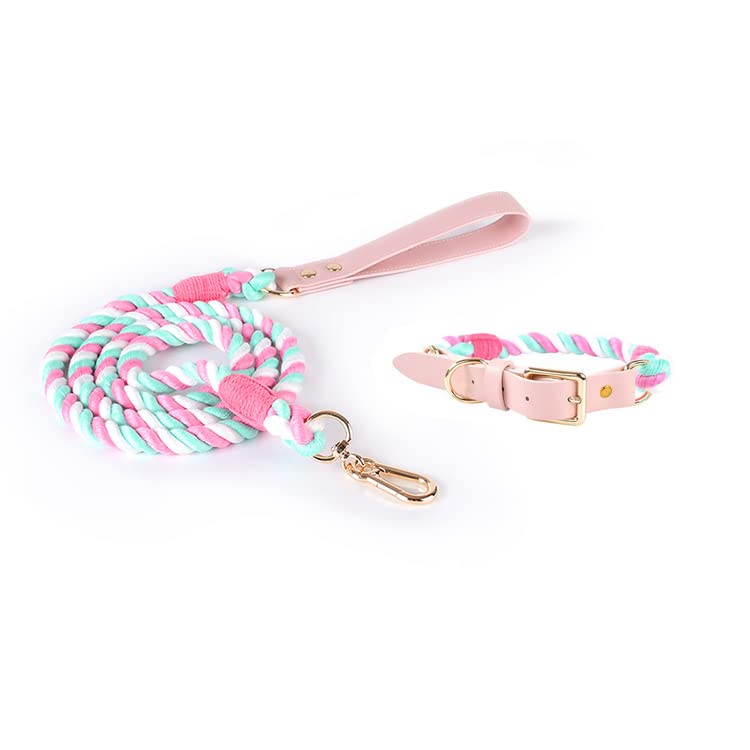 Premium Dog Collar and Leash Set, Durable Cotton Rope Lead with Adjustable PU Leather Collar, Anti-Pull, Non-Slip, for Small Medium Large Dogs, Pastel Green Pink Purple (Pastel Pink, Medium)