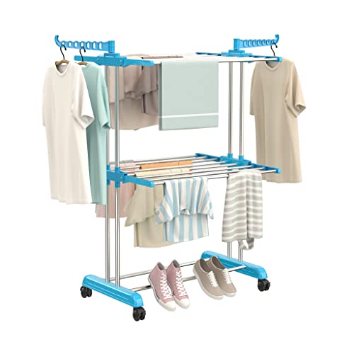 Image of Synergy - Premium Heavy Duty Stainless Steel Clothes Drying Stand | Cloth Dryer Stand | Cloth Stand for Drying Clothes Foldable | Cloth Hanging Stand | Cloth Drying Stand (2-Tier) Blue - SY-CS19-L2