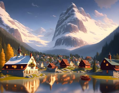 Toile paysage de montagne et ville lacustre décoration évasion nature