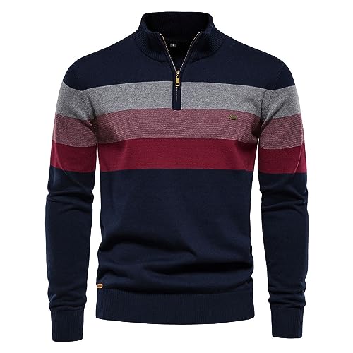 Mens Quarter Zip Sweater Casual Mock Neck Pullover Top Stylish Striped Slim Fit Knit Warm Golf Sport Polo Sweater