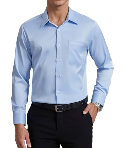 Enlision Camisa Azul Hombre Sin Plancha Elastica Manga Larga Camisas Vestir Ajuste Regular Negocios Oficina Formal Cuello con Botones y Bolsillo XXL