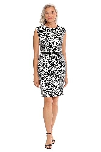 London Times Women's Extended Cap Sleeve Belted Career Polished Pattern Dress