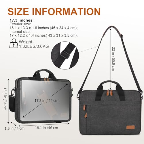 Image of ESTARER Laptop Bag 17-17.3 Inch, Protactive Computer Bag Men, Water-resistant Canvas Laptop Case Slim Laptop Sleeve Fits Dell XPS /HP Pavilion /Ideapad /Acer /HP Omen /LG Gram, Dark Grey