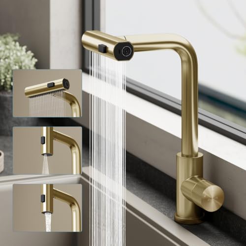 doporro Wasserhahn Küche ausziehbar, Küchenarmatur Gold mit Wasserfall