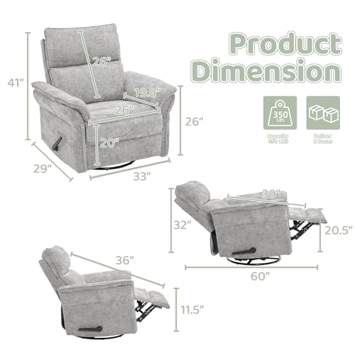 Image of Oversized Swivel Rocker Recliner with Adjustable Headrest, Rocking Chair Nursery with Overstuffed Armrest, Manual Rocker Recliner Nursery Chair for Living Room,Light Grey