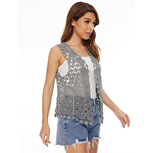 Image of Womens Floral Crochet Lace Boho Trim Sleeveless Open Front Vest Cardigan