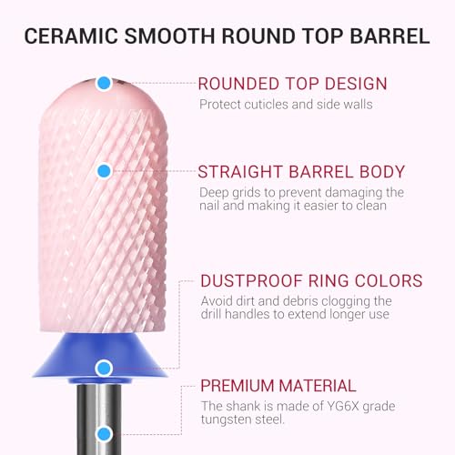 Image of MelodySusie Ceramic Nail Drill Bit, 3 /32'' Smooth Round Top Large Barrel Bits, Suitable for Manicure Pedicure Cuticle Gel Polishing, Beginners Bits, Pink, Series Bit-S, Medium