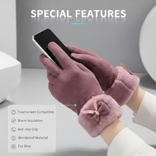 Image of Kraptick Women's Winter Woolen Gloves - Premium Thermal Fleece Lined Touchscreen Hand Warmer Gloves for Cold Weather, Cycling & Driving Soft Fur Cable Knit Elastic Mittens (Free Size, Purple Bow)-6