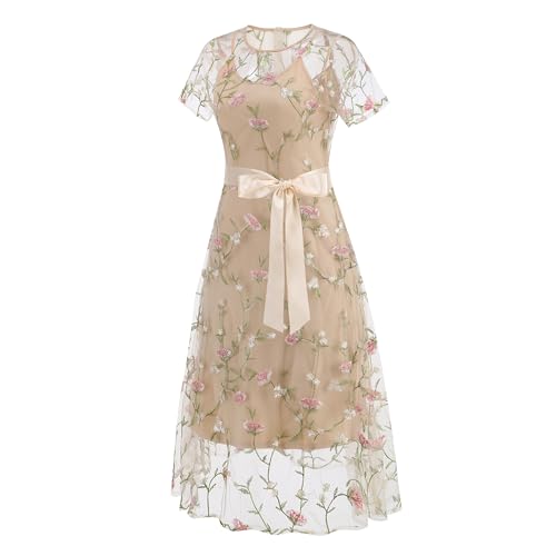 Image of Women Short Sleeve 2 Piece Floral Embroidery Dress Mesh Sheer Wedding Tulle Prom Midi Evening Cocktail Party Dress with Belt