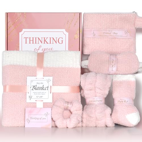 JOOJA Birthday Cozy Thinking of You Get Well Soon Gift Basket Care Package with Blanket, Fuzzy Socks, Eye Mask, Headband Cozy Essentials - Pink