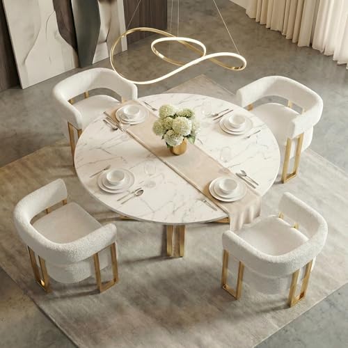 Image of Boucle Dining Chairs Set 4, White Upholstered Accent Armchairs, Gold Legs | STHOUYN Mid Century Modern Barrel Style, Gold Metal Legs, Kitchen Living Room Apartment