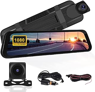 CAMECHO 9.66 Mirror Dash Cam Backup Camera with 32GB Card, 1080P Full HD Touch Screen Dual Front and Rear Camera Super Night Vision, G-Sensor, WDR, Parking Monitor, Loop Recording, Motion Detection