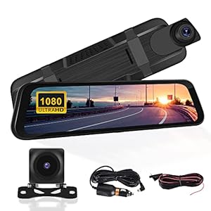 CAMECHO 9.66â Mirror Dash Cam Backup Camera with 32GB Card, 1080P Full HD Touch Screen Dual Front and Rear Camera Super Night Vision, G-Sensor, WDR, Parking Monitor, Loop Recording, Motion Detection