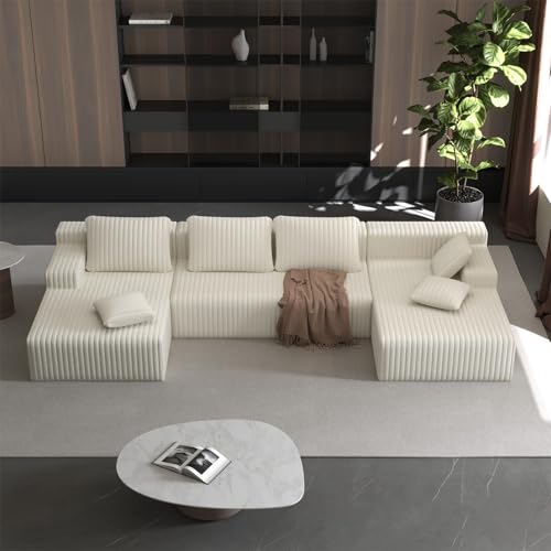 Image of LAUSAINT HOME 132 inch Modular Sectional Sofa Couches, U-Shaped Boneless Cloud Sofa with 4 Deep Seat, 6 Cushiones Oversized Chaise for Living Room, Bedroom, Plush Corduroy Fabric (U Shaped Sofa, Beige)