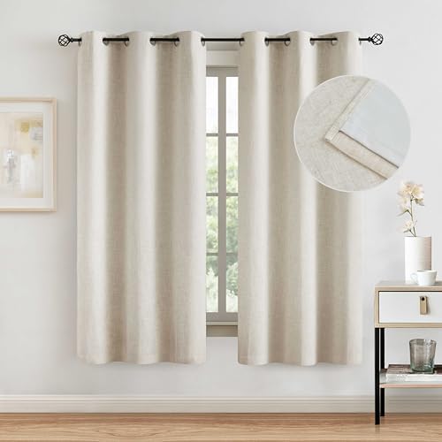 ZJDECOR Short Linen Blackout Curtain Panels 63 Inches Long with Full Blackout Microfiber Liner for Bedroom,Beige Room Darkening Grommet Drapes,Textured Energy Efficient Window Treatment,40″ Wx63 Lx2