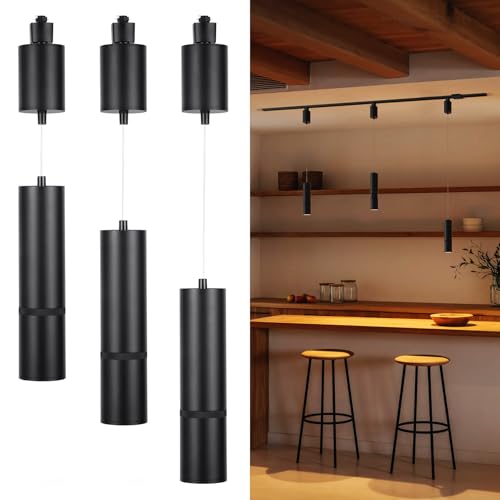 LEONLITE 5CCT Zoomable LED Track Pendant Light, 800LM Adjustable Height H Track Pendant Lighting, ETL, Dimmable, Beam Angle 10°–70°, Commercial Retractable Hanging Light for Cafe, Black, Pack of 3